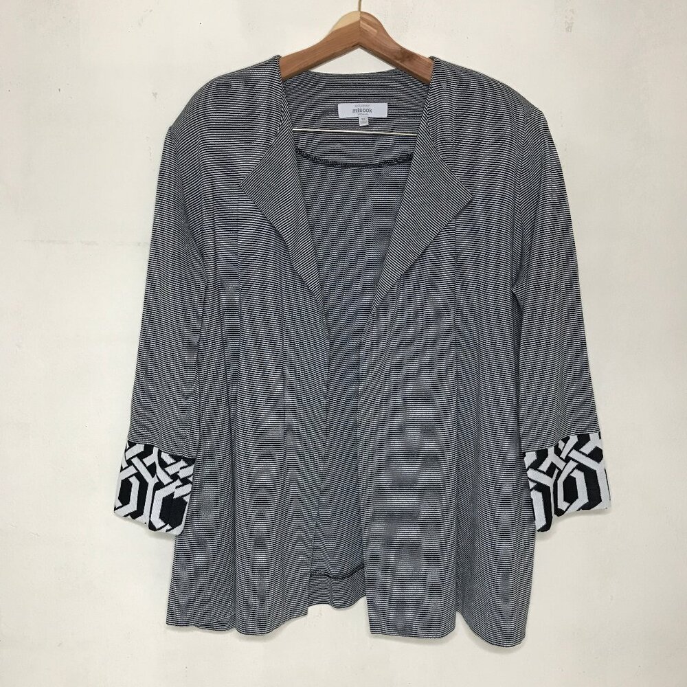 Misook Woman Size 3X Open Front Jacket Micro Stripes Geometric Design Cuffs